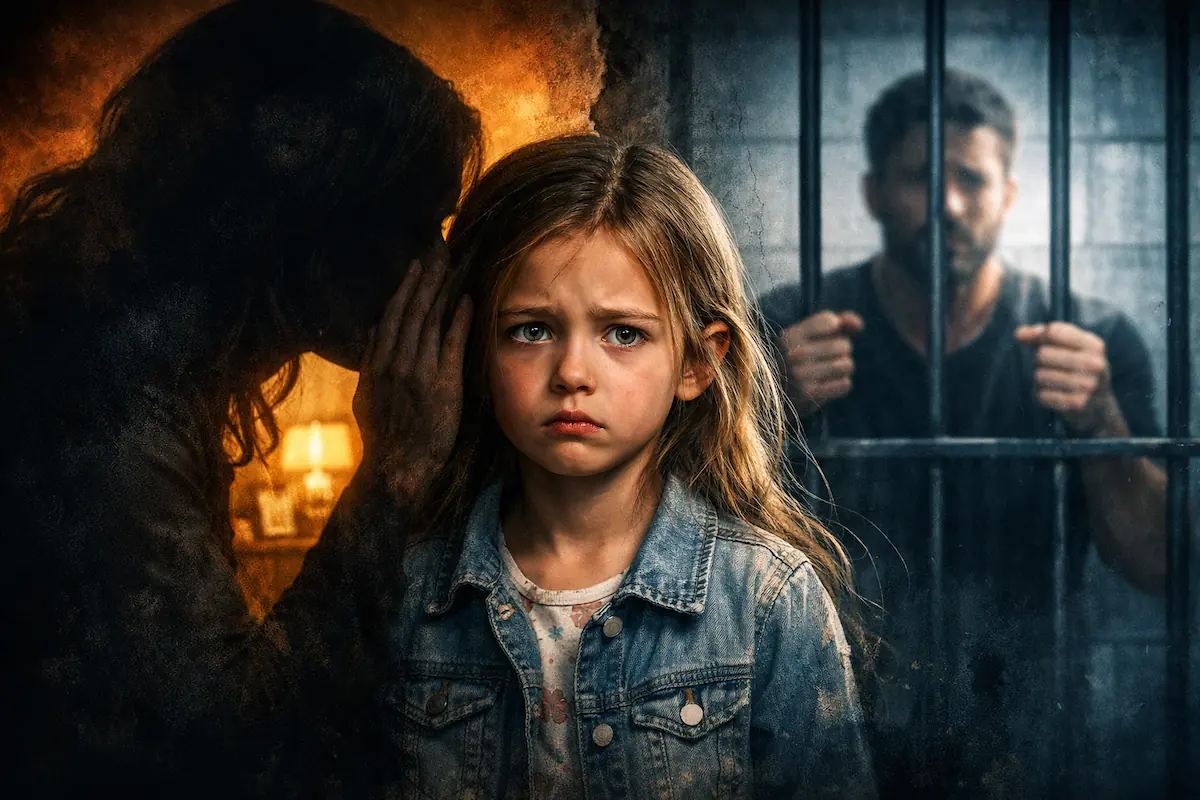 تصميم تعبيري لقصة انتقام زوجة وبلاغ كاذب في الدار البيضاء يظهر طفلة وأب خلف القضبان