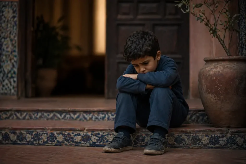طفل صغير يجلس وحيداً أمام باب منزل مغربي قديم