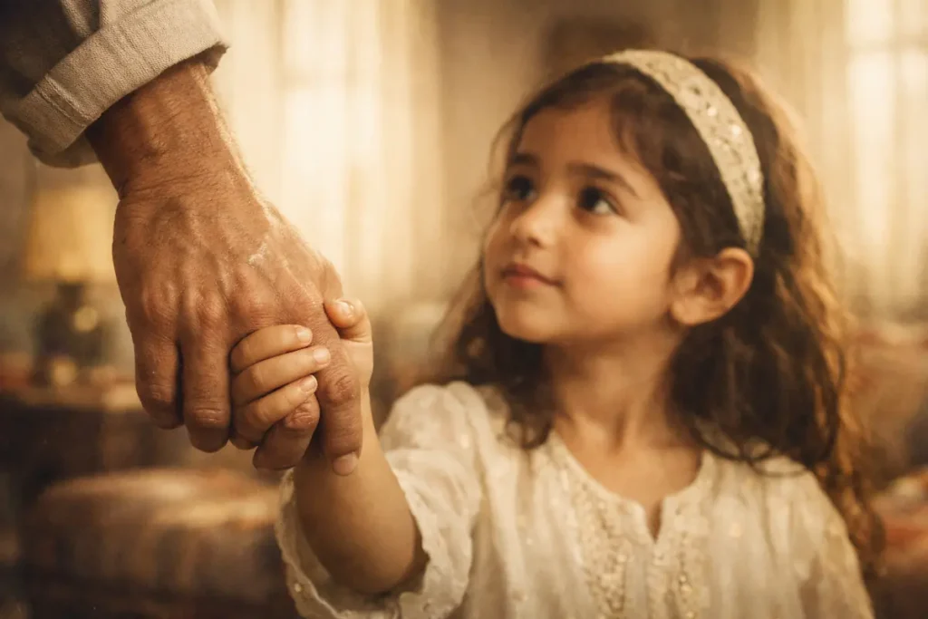 انتقام الزوجة طفلة مغربية صغيرة تمسك يد والدها في مشهد يجسد براءة الطفولة والثقة قبل وقوع الأزمة الأسرية