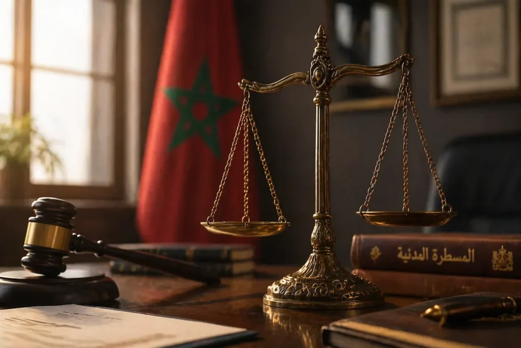 ميزان العدالة مع خلفية توحي بمقر أمني أو محكمة مغربية