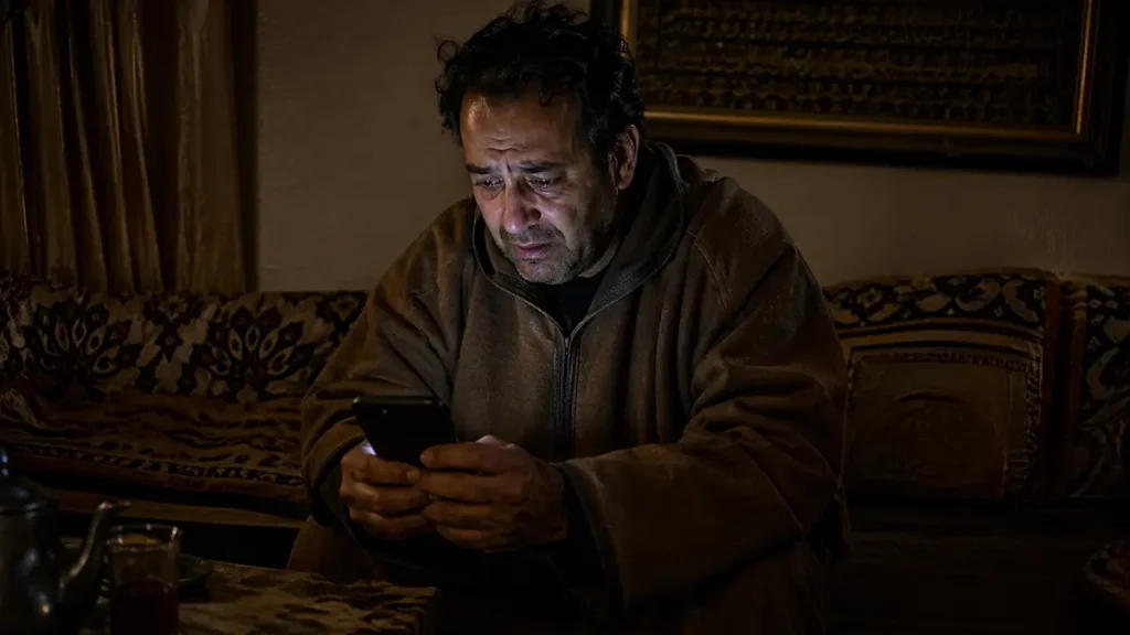 زوج مغربي مصدوم ينظر لهاتفه في غرفة مظلمة
