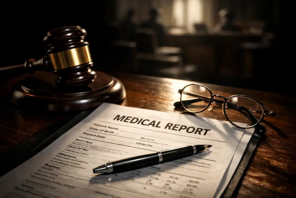 تقرير طبي شرعي يثبت براءة الأب وميزان العدالة، يرمز لظهور الحقيقة في قضية الوشاية الكاذبة