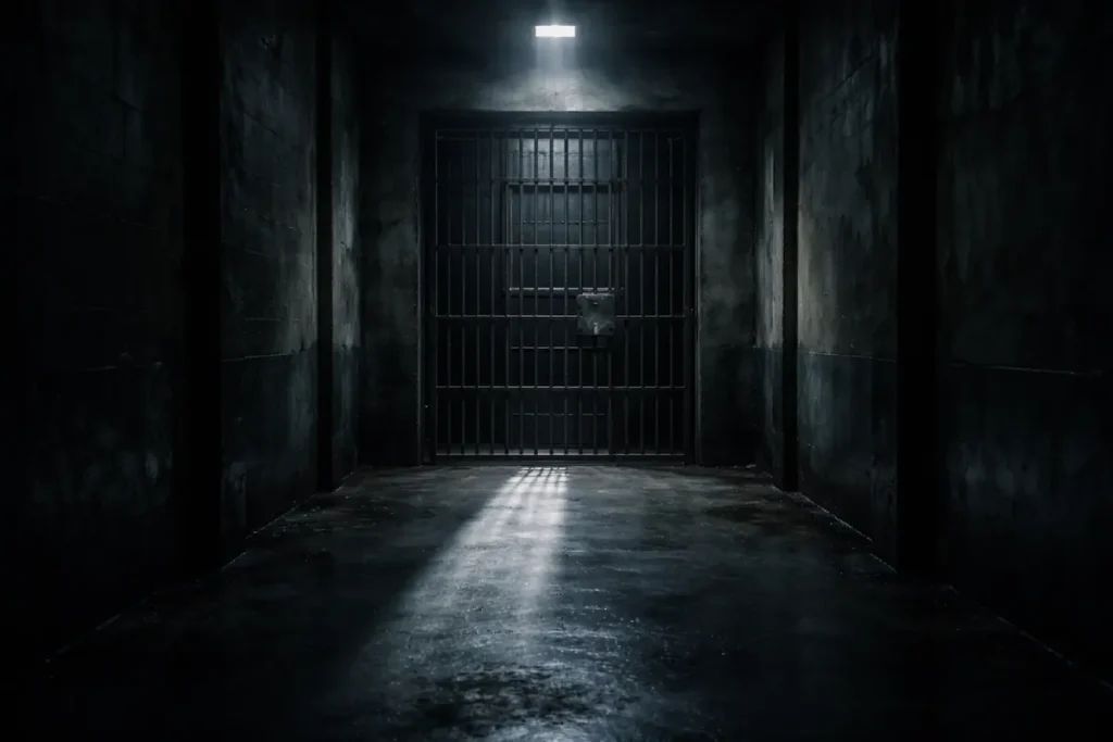 صورة ممر سجن مظلم تعبر عن المصير القانوني ونهاية الغدر والانتقام الأسري