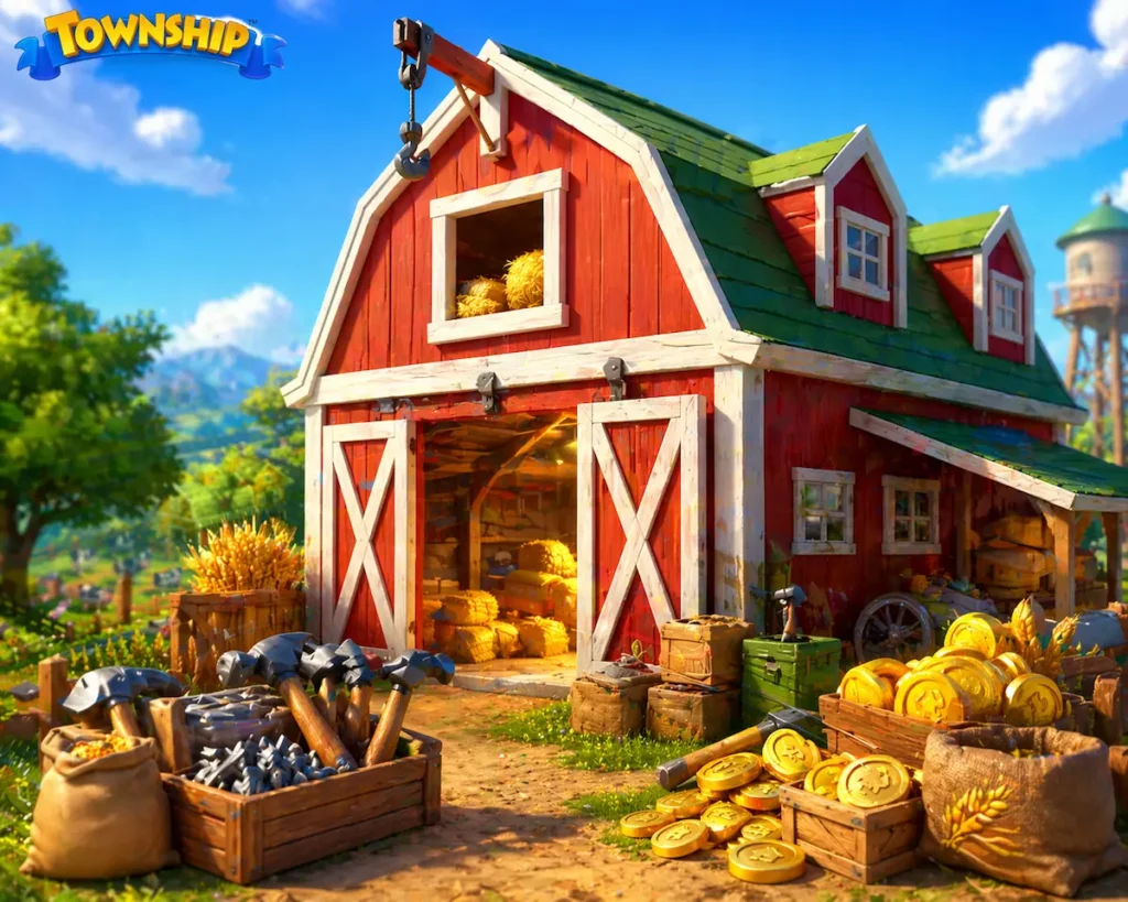 مخزن كبير في لعبة Township ممتلئ بالأدوات والمحاصيل المنظمة