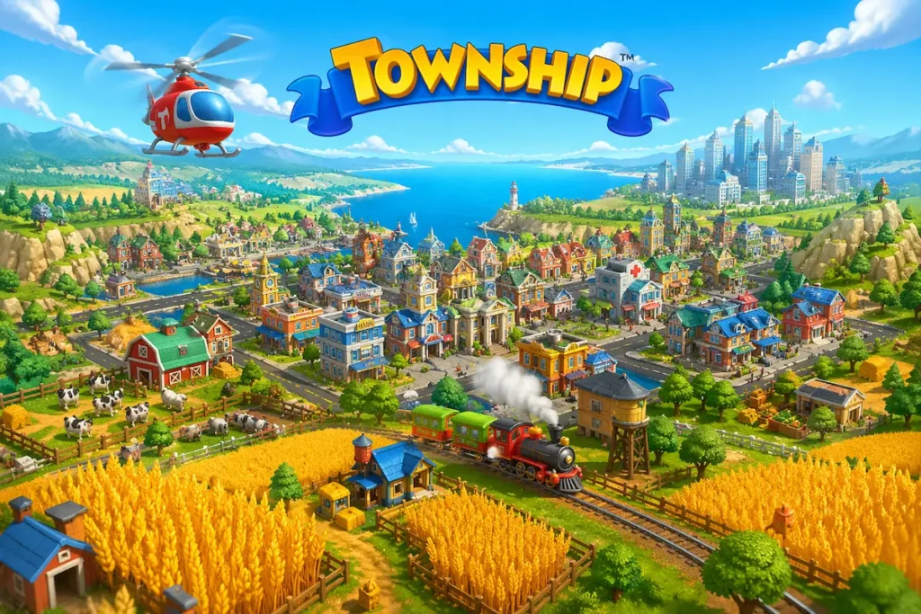 مدينة Township مزدهرة مع قطار ومروحية ومزارع خضراء