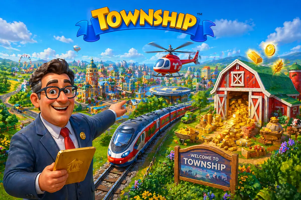 غلاف دليل احتراف لعبة Township: عمدة سعيد يقف أمام مدينة مزدهرة وقطار ومخزن
