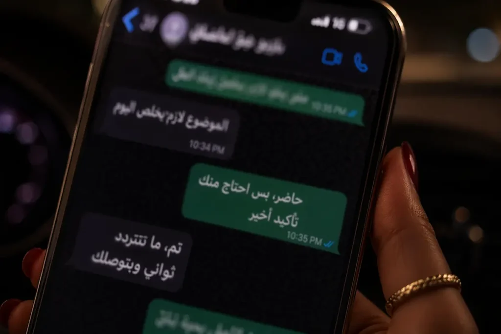 مكالمة الواتساب شاشة هاتف تظهر محادثات واتساب غامضة في الليل